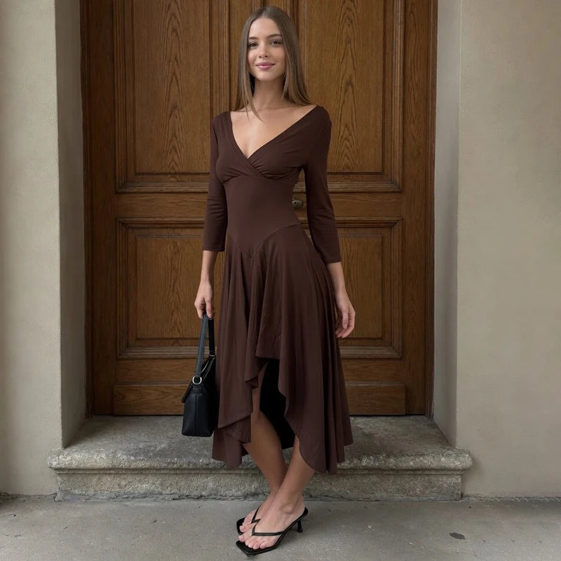 Brown V-neck irregular hem midi dress exterior
