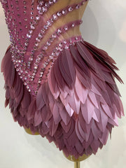 Purple Sequin Strapless Beaded Feather Mini Dress