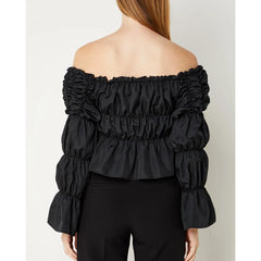 Shirred Ruched Off-Shoulder T-Shirt - Flare Puff Long Sleeve