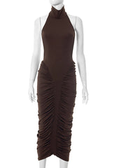 Brown halter neck dress with ruched design on a mannequin against a white background