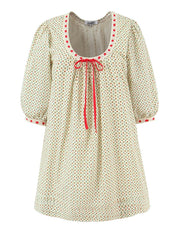 A-line mini dress with O-neck, bow tie neckline, and puff sleeves.
