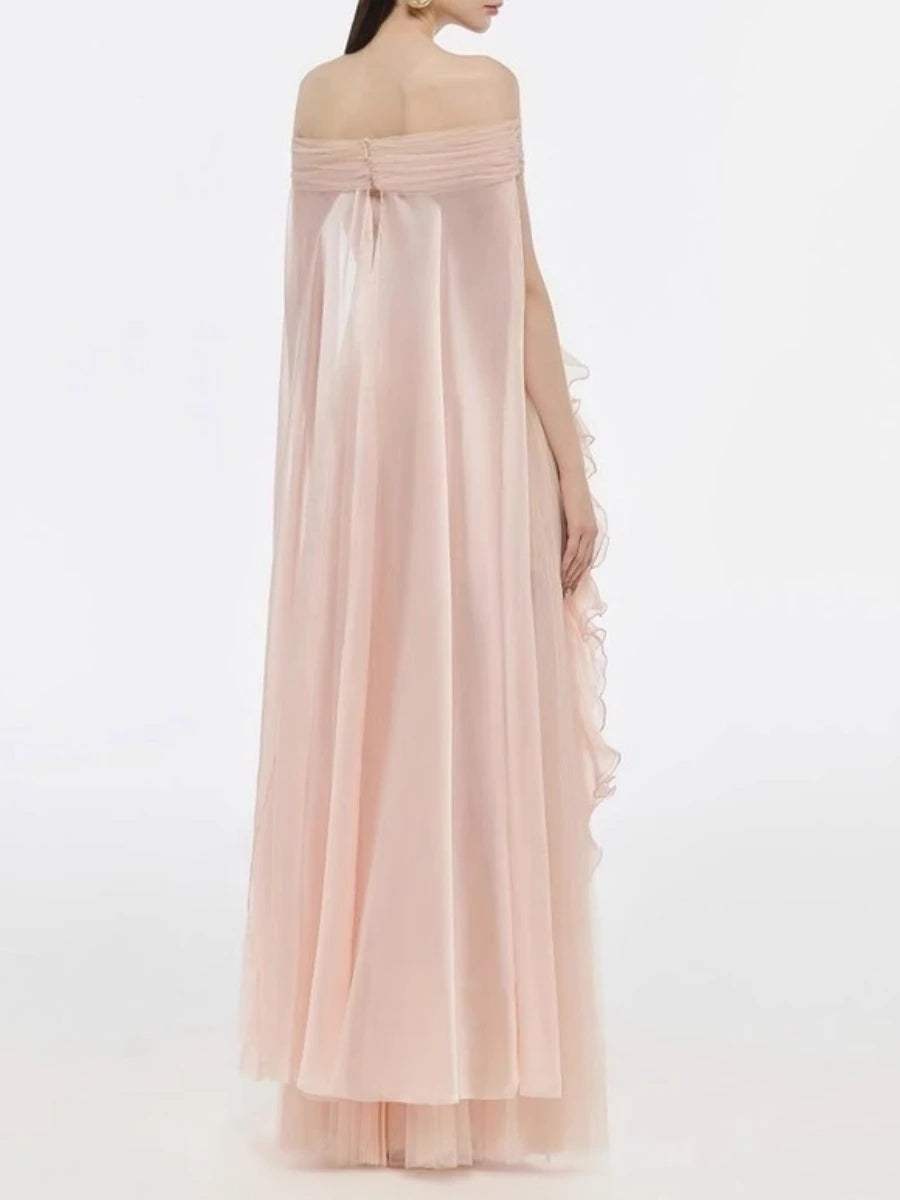Long, off-shoulder blush pink dress