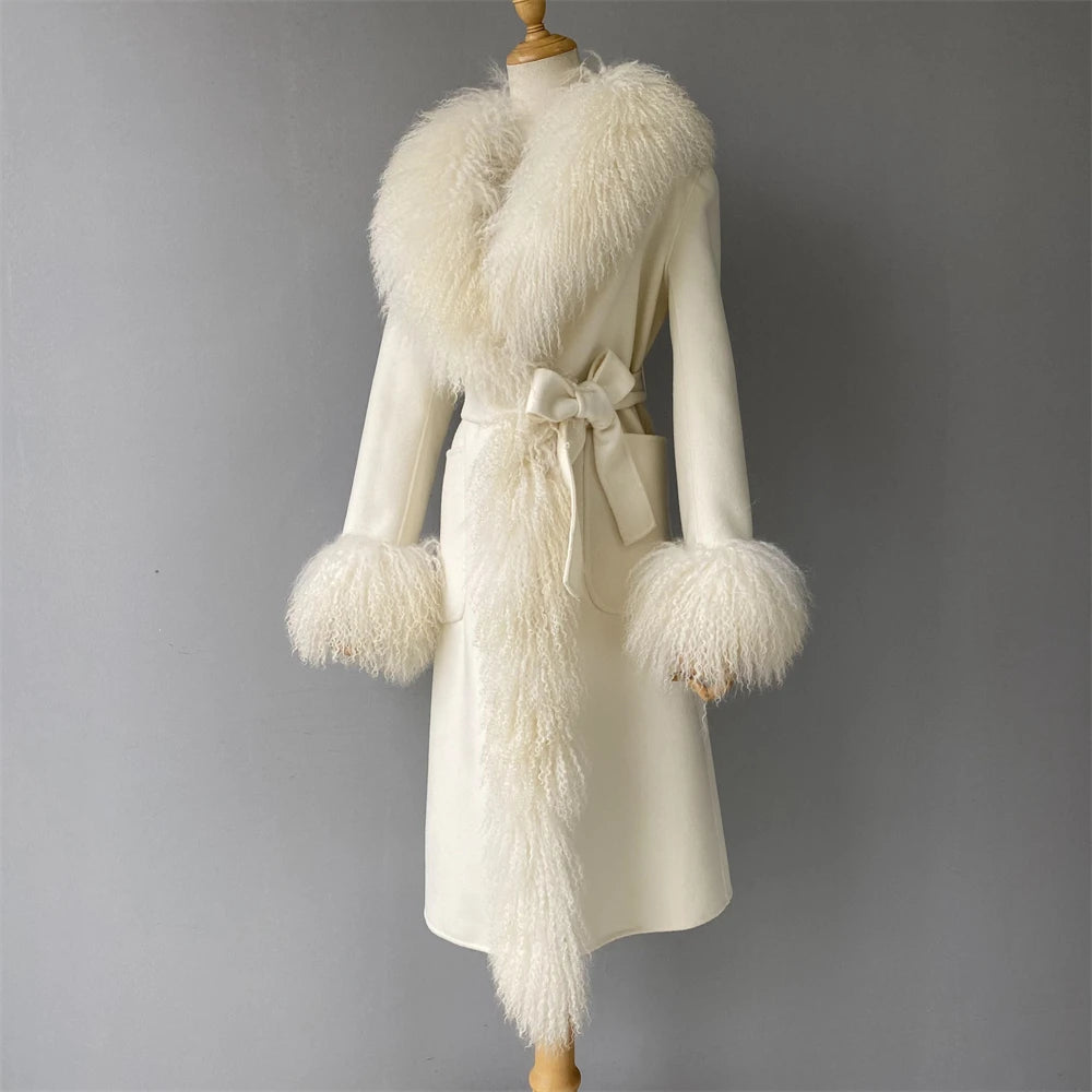 White coat with fur trim on a mannequin against a gray background