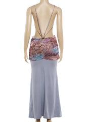 Grey Metal Decoration Patchwork Cutout V-Neck Maxi Dress