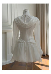 Pleated V-neck Mini Dress with wrap front and lantern sleeves