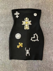 Black Diamond Beaded Strapless Bodycon Mini Dress