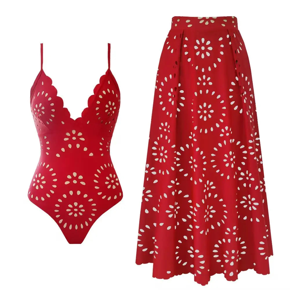 Scallop neckline one-piece swimsuit with eyelet midi skirt in red.