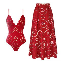 Scallop neckline one-piece swimsuit with eyelet midi skirt in red.