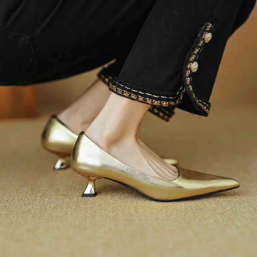 Thin Med Heels Pointed Toe Leather Pumps Office Lady Shoes