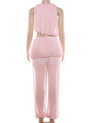 Pink Mesh Sleeveless Crop Top and Puff Pants Set