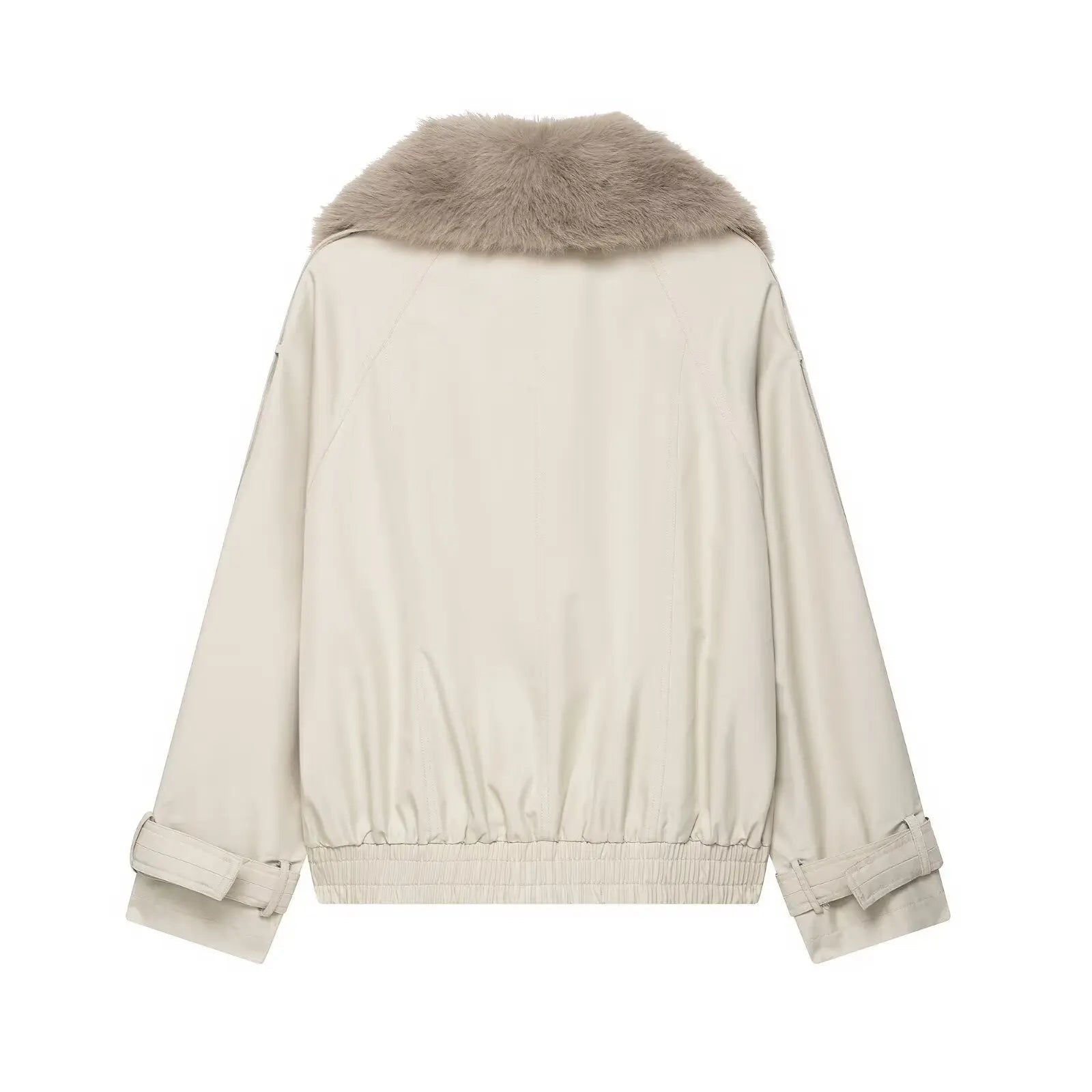Beige jacket with fur collar on a white background