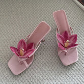 Pink floral embellished square toe heeled mules