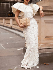 Back view of a white lace formal gown with a concealed zipper.
