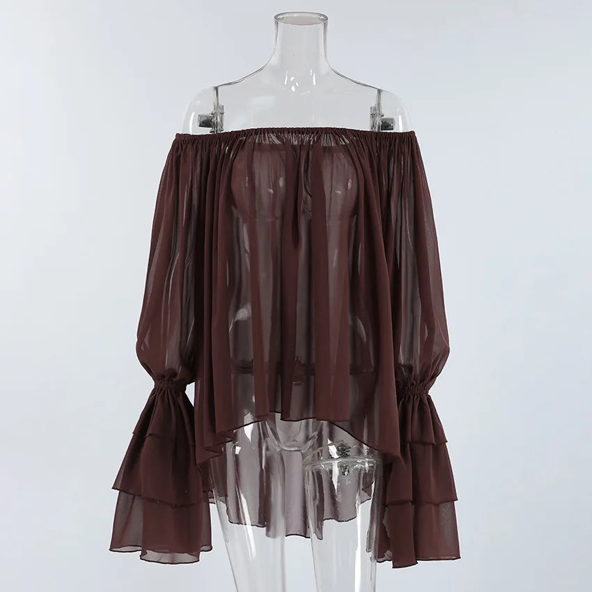 Brown off-shoulder sheer blouse on a mannequin