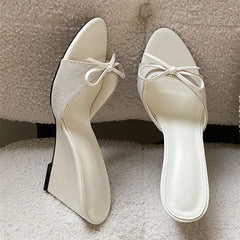 Bow Accent Wedge Mules Slip On Shoes