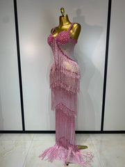 Rhinestone Tassel Mesh Strap Maxi Dress
