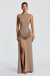 Sleeveless high slit column gown in khaki