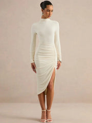 Long Sleeve Ruched Slit Turtleneck Midi Dress