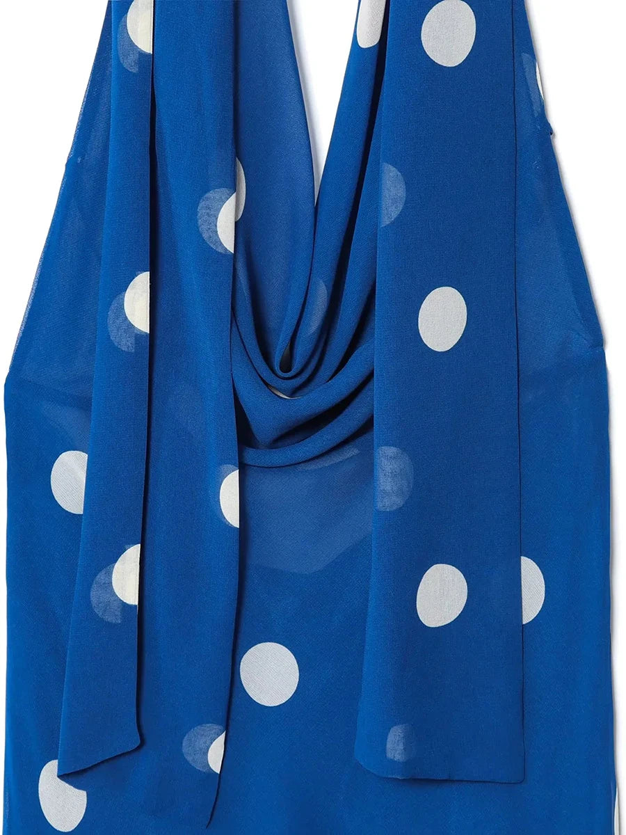 Blue scarf with white polka dots
