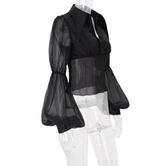 Black Turn Down Collar Sheer Lantern Sleeve Fitted Shirt
