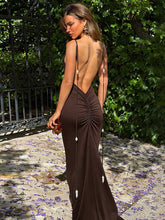 Ruched backless beaded strap maxi dress front view