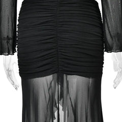 Ruffle Long Sleeve Crop Top and Mesh Midi Patchwork Skirt Set