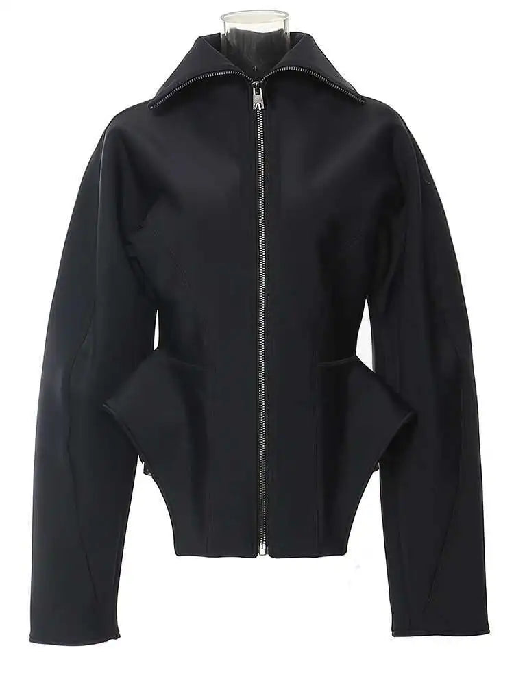 Black jacket with a unique design on a white background