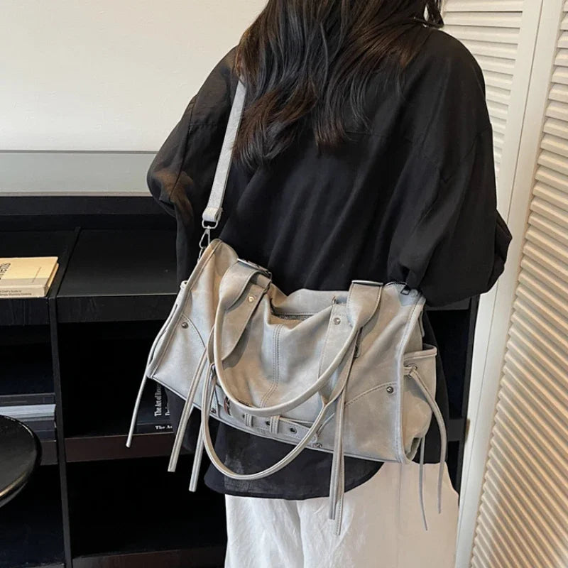 Grey faux leather shoulder bag with lacing details