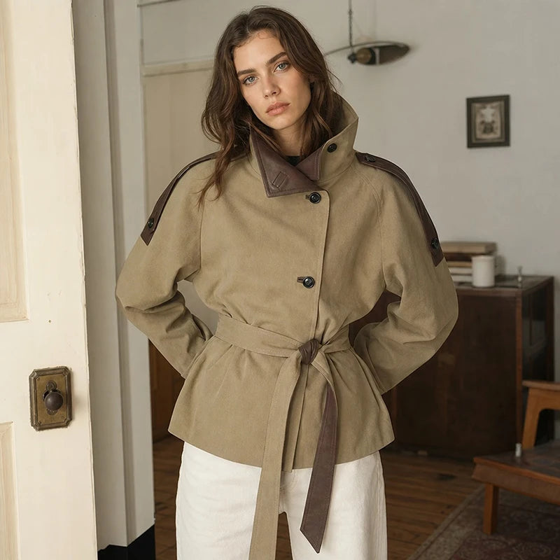Faux leather collar belted lantern sleeve jacket