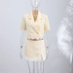 Yellow Crop Lace Trimmed Blazer and Skirt Suit