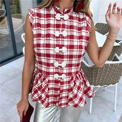 Red and white check print peplum top with white Chinese knot buttons