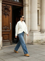 White Textured V-Neck Cropped Blazer
