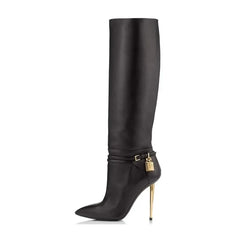Black leather pointed toe high heel boots with gold lock and buckle detail