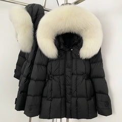Black puffer jacket with large fur hood