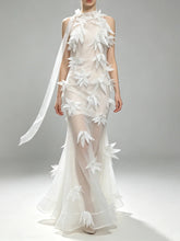 Halter neck sheer floral applique maxi gown