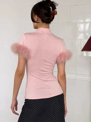 Mock Neck Feather Trim Sleeve Top