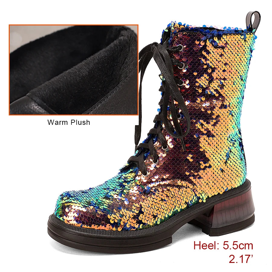 Multicolored sequin boot with warm plush lining and heel height information.