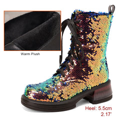 Multicolored sequin boot with warm plush lining and heel height information.