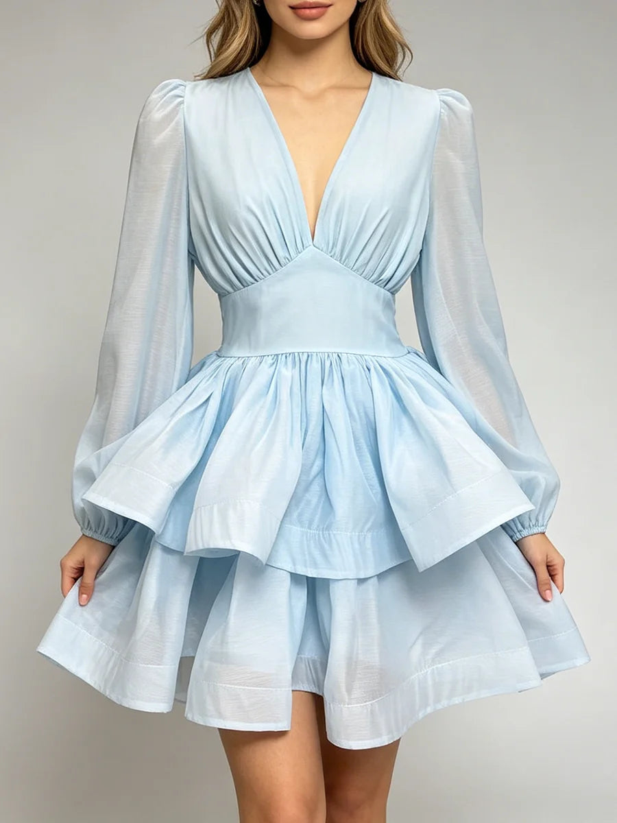 Blue V-neck puff sleeve tiered mini dress