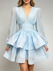 Blue V-neck puff sleeve tiered mini dress