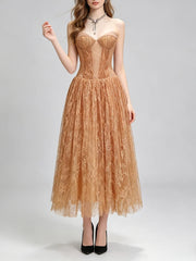 Lace A-line midi dress in light gold