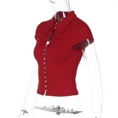 Collared Button-Front Cutout Knit Top