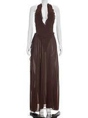 Brown evening gown on a white mannequin against a white background