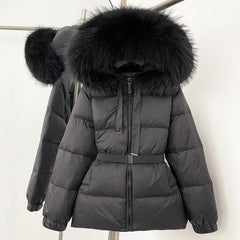 Gray puffer jacket with large black fur hood on a white background