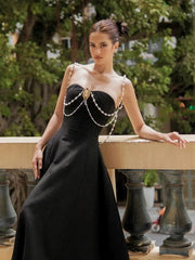 Black Strapless A-Line Midi Dress with Pearl Chain