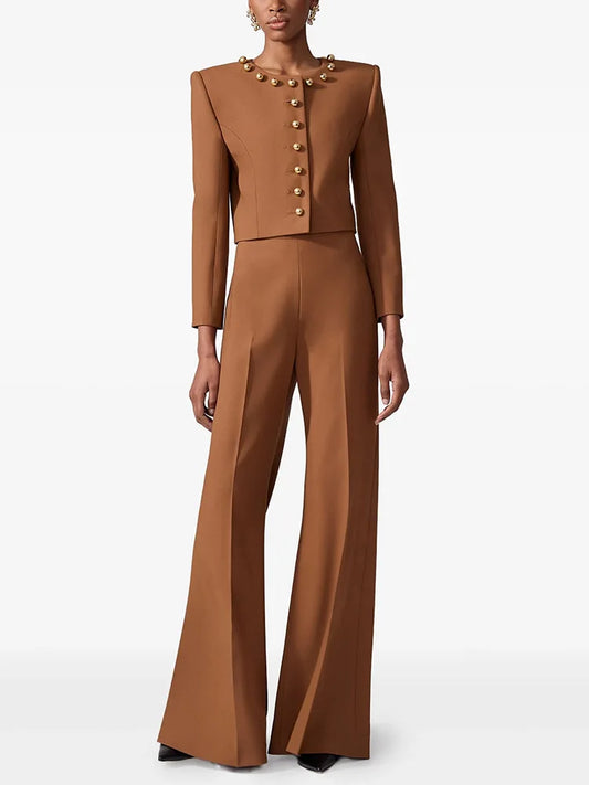Brown cropped jacket with gold button detail and matching wide-leg trousers, front view.