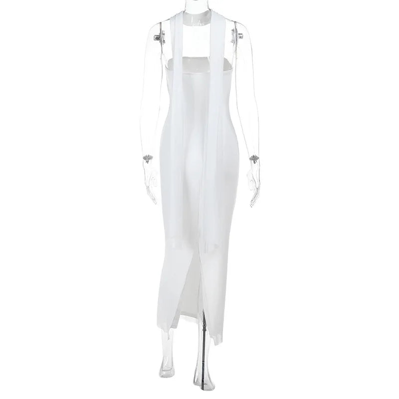 White sleeveless dress on a mannequin against a white background