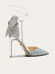 Sequin Bow Pointed Heels | Elegant French Pearl-Lined Slip-Ons