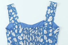 Blue Square Neck Floral Midi Dress with Side Slit