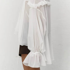White Flounce V-Neck Flare Sleeve Ruffle Blouse